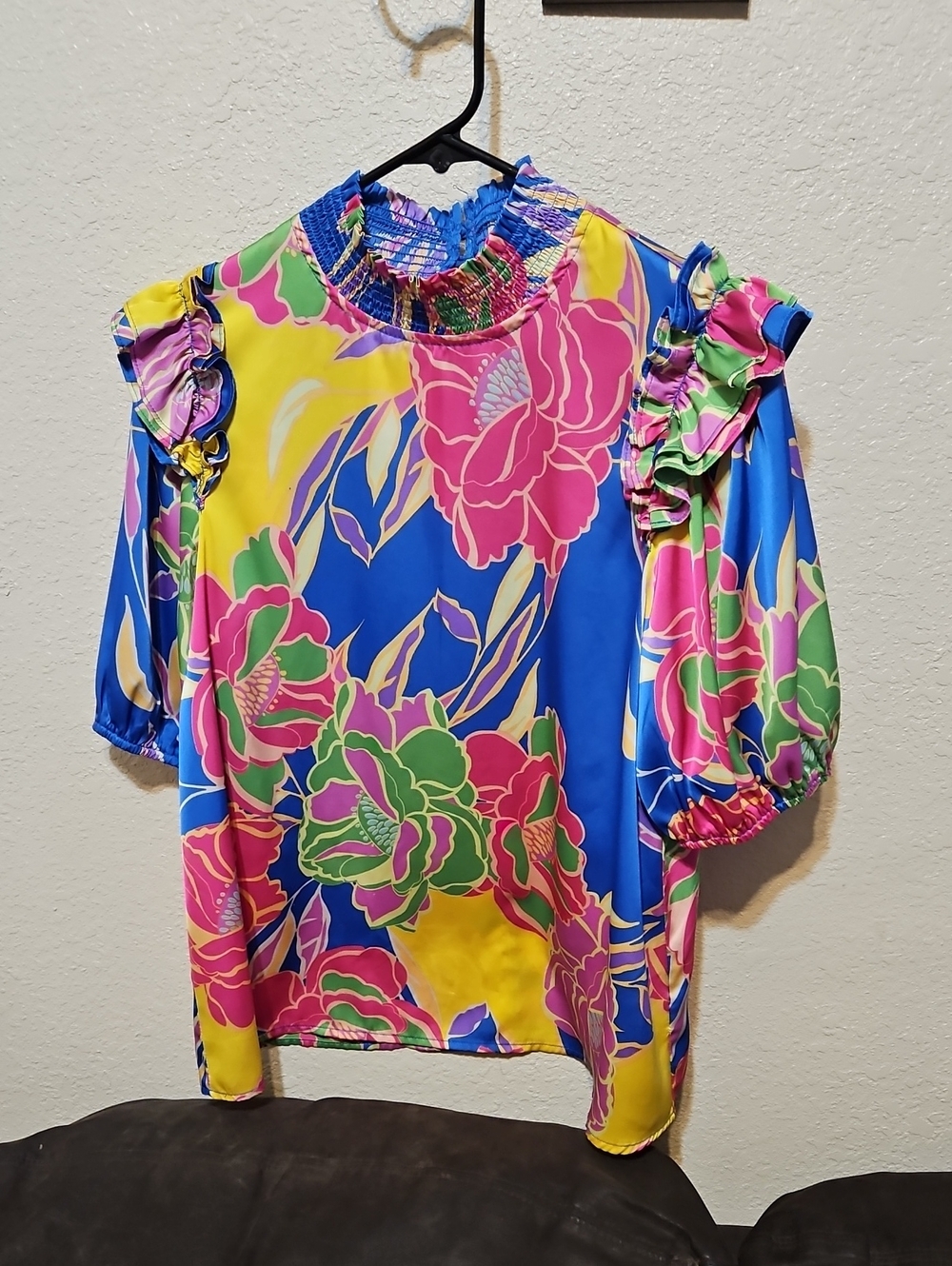 Women's Floral Ruffle-Trim Blouse in Blue, Pink & Yellow